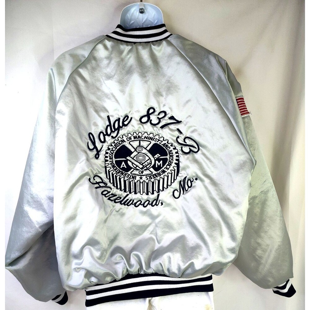 Vtg IAMAW Lodge 837-B Hazelwod Mens XL Grey Satin Bomber Jacket King Louie USA